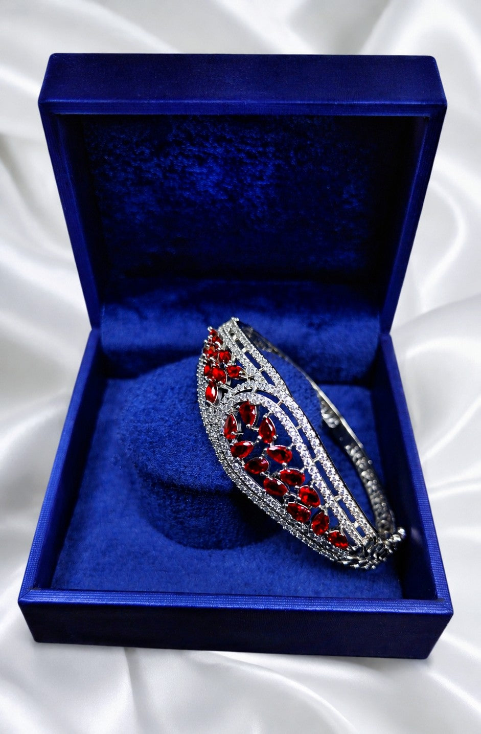 ALOMIQ Ruby Red American Diamond (CZ) Silver-Plated Bracelet for Women | 3A CZ Floral Bracelet | Brass Fashion Jewellery