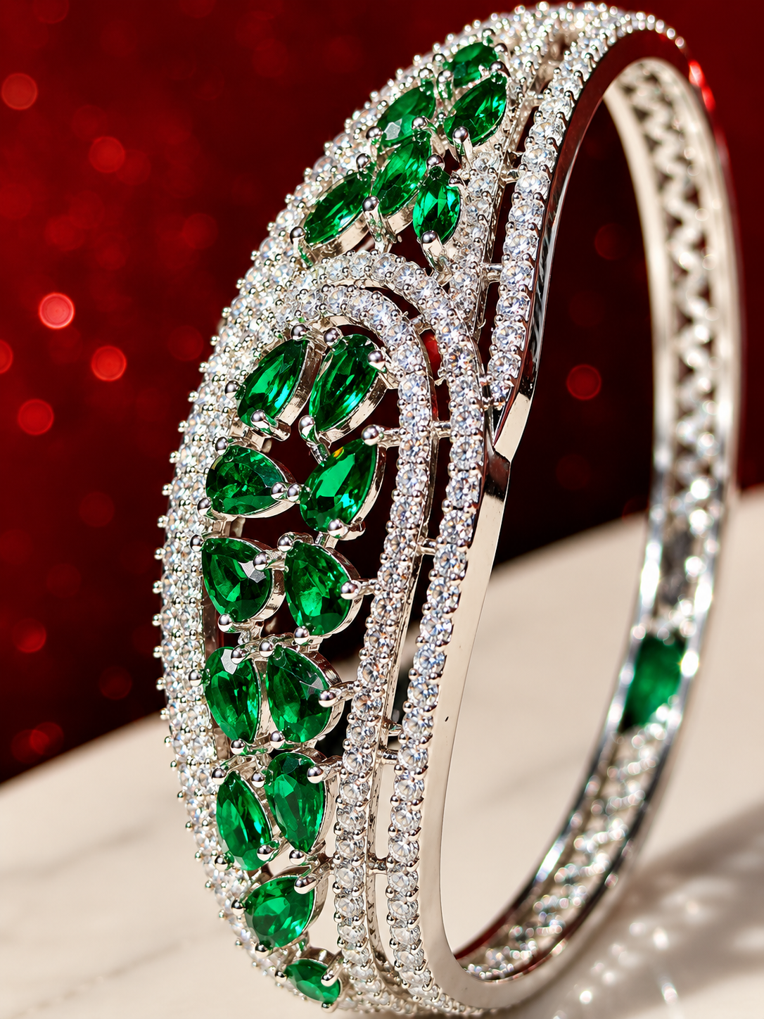 ALOMIQ Silver-Plated Green 3A CZ Floral Bracelet for Women | Brass Base | Emerald Green Cubic Zirconia
