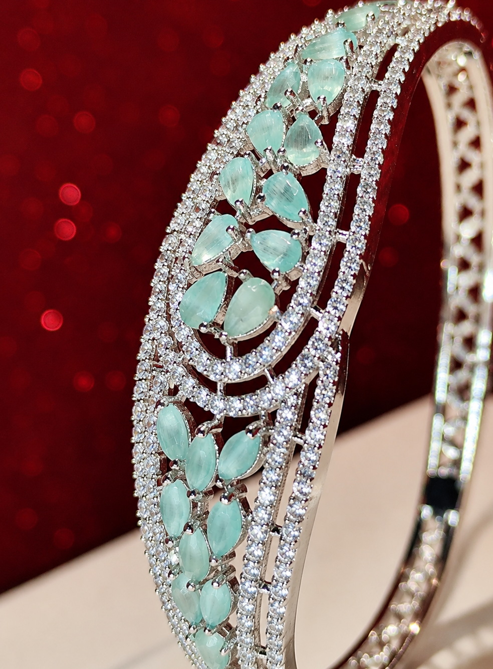 ALOMIQ Aqua Blue American Diamond (CZ) Silver-Plated Bracelet for Women | 3A CZ Floral Bracelet | Brass Base