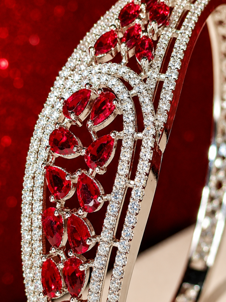 ALOMIQ Ruby Red American Diamond (CZ) Silver-Plated Bracelet for Women | 3A CZ Floral Bracelet | Brass Fashion Jewellery