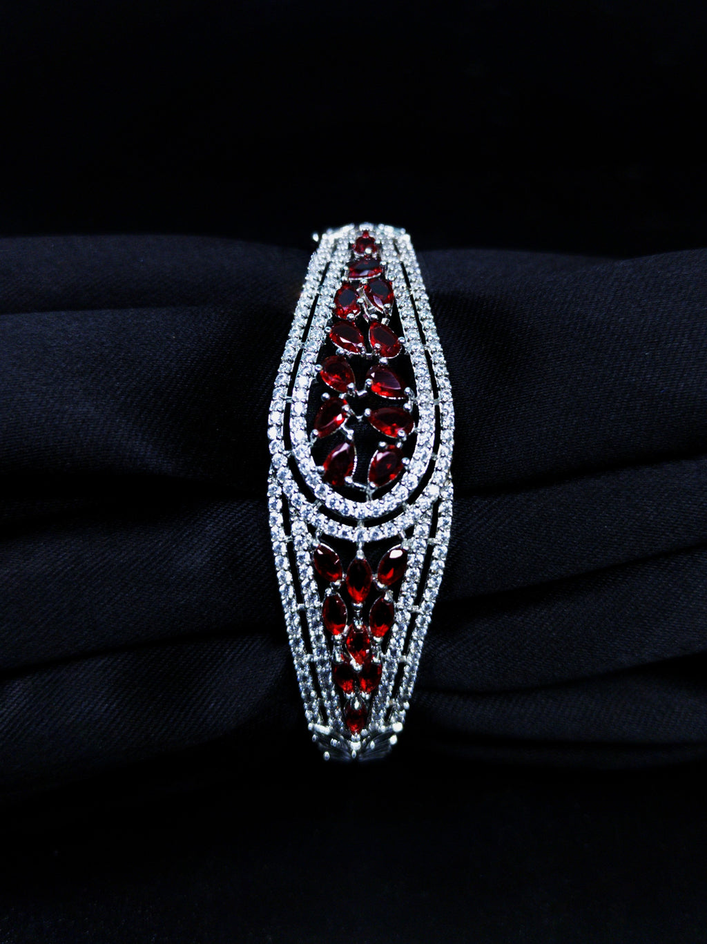 ALOMIQ Ruby Red American Diamond (CZ) Silver-Plated Bracelet for Women | 3A CZ Floral Bracelet | Brass Fashion Jewellery