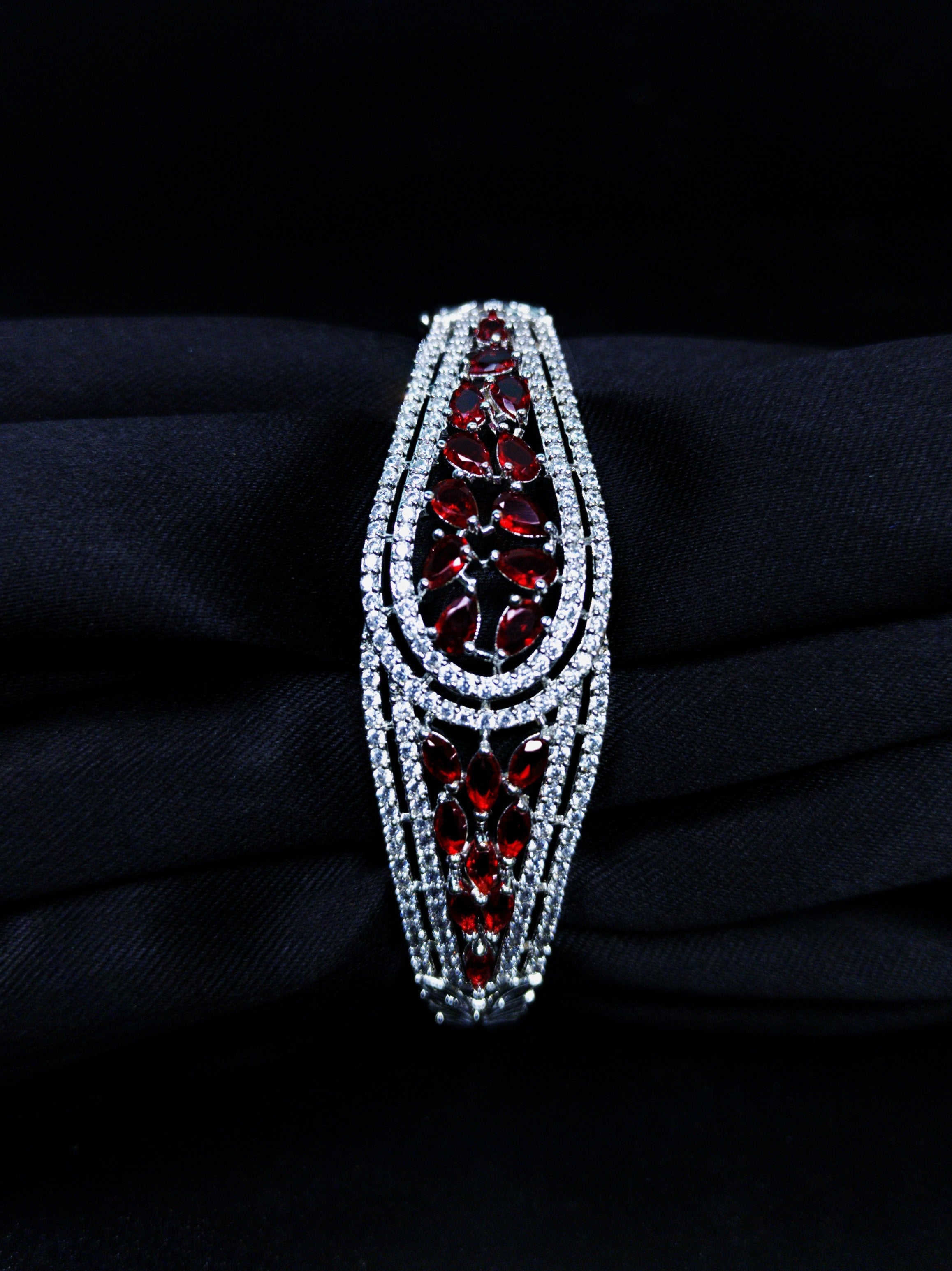 ALOMIQ Ruby Red American Diamond (CZ) Silver-Plated Bracelet for Women | 3A CZ Floral Bracelet | Brass Fashion Jewellery