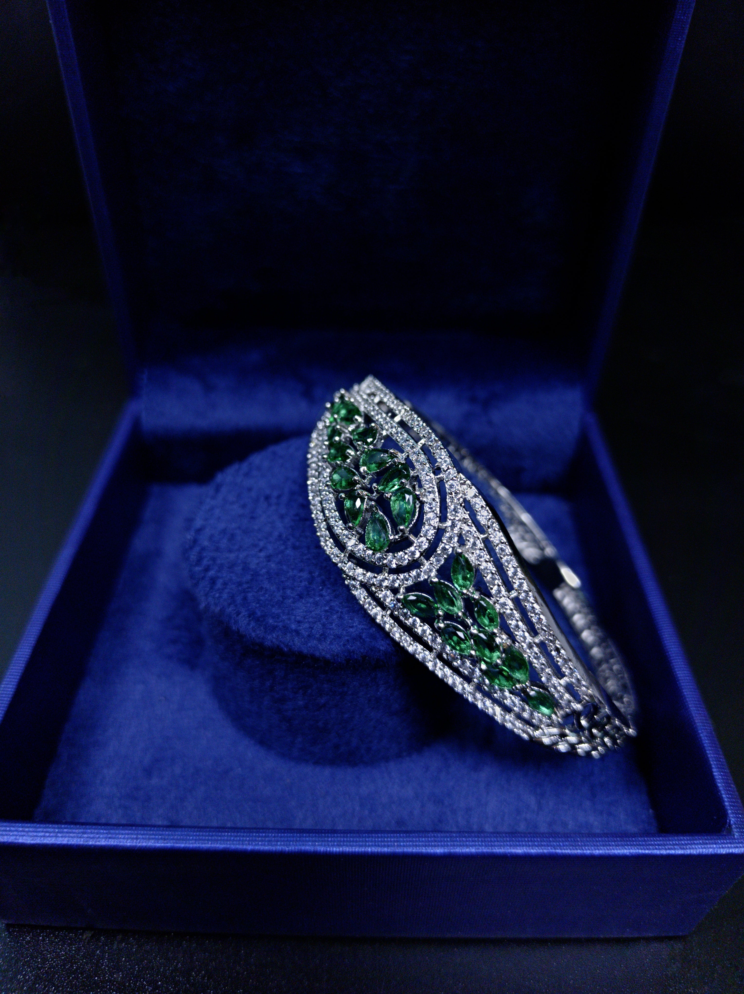 ALOMIQ Silver-Plated Green 3A CZ Floral Bracelet for Women | Brass Base | Emerald Green Cubic Zirconia