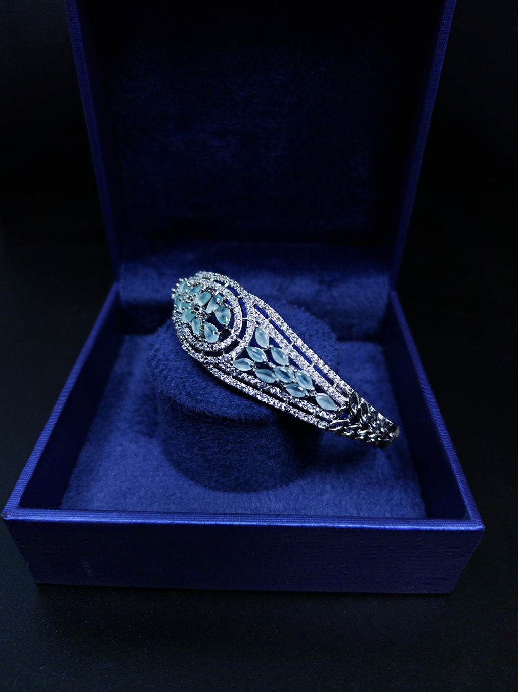ALOMIQ Aqua Blue American Diamond (CZ) Silver-Plated Bracelet for Women | 3A CZ Floral Bracelet | Brass Base