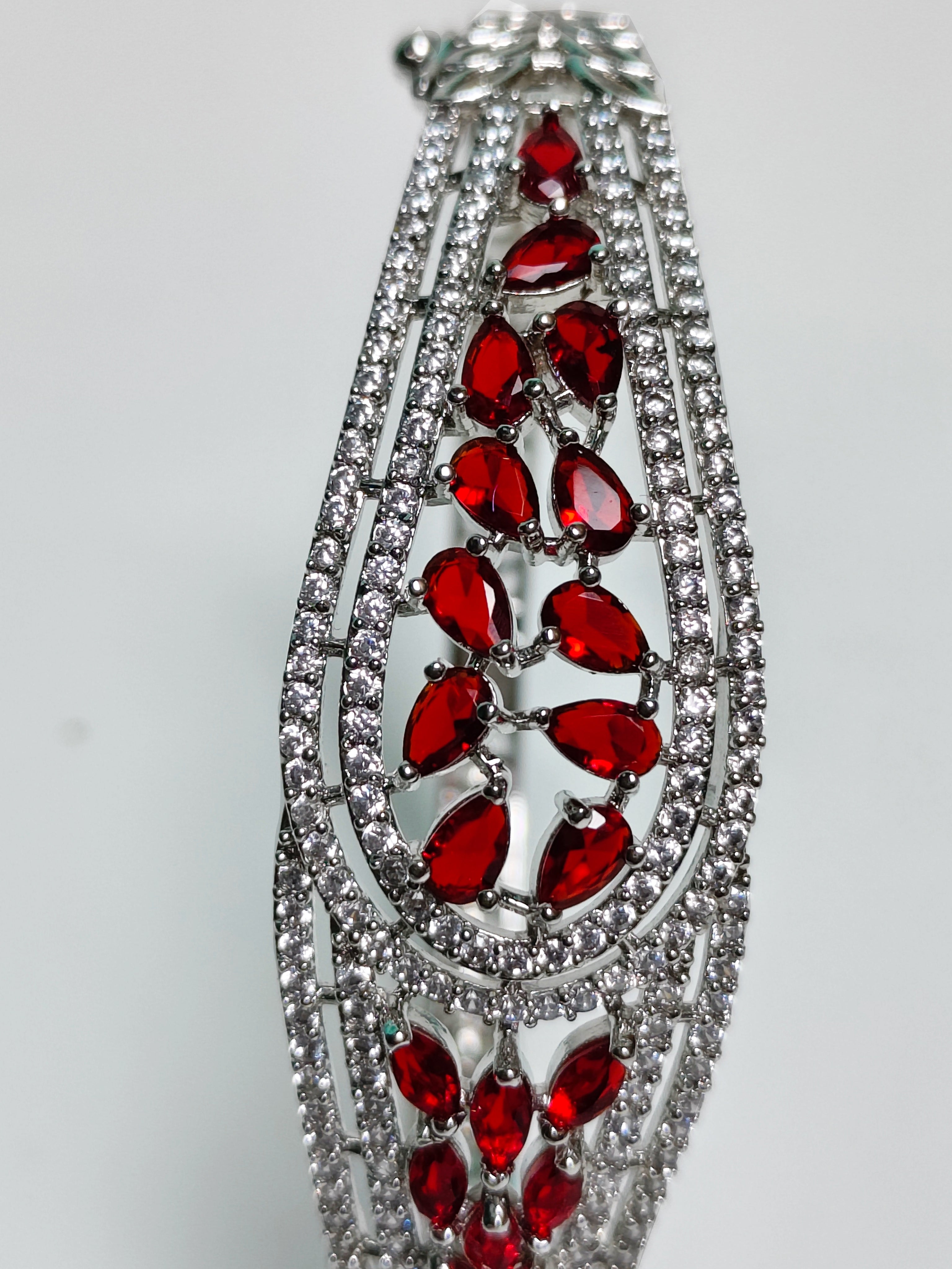 ALOMIQ Ruby Red American Diamond (CZ) Silver-Plated Bracelet for Women | 3A CZ Floral Bracelet | Brass Fashion Jewellery