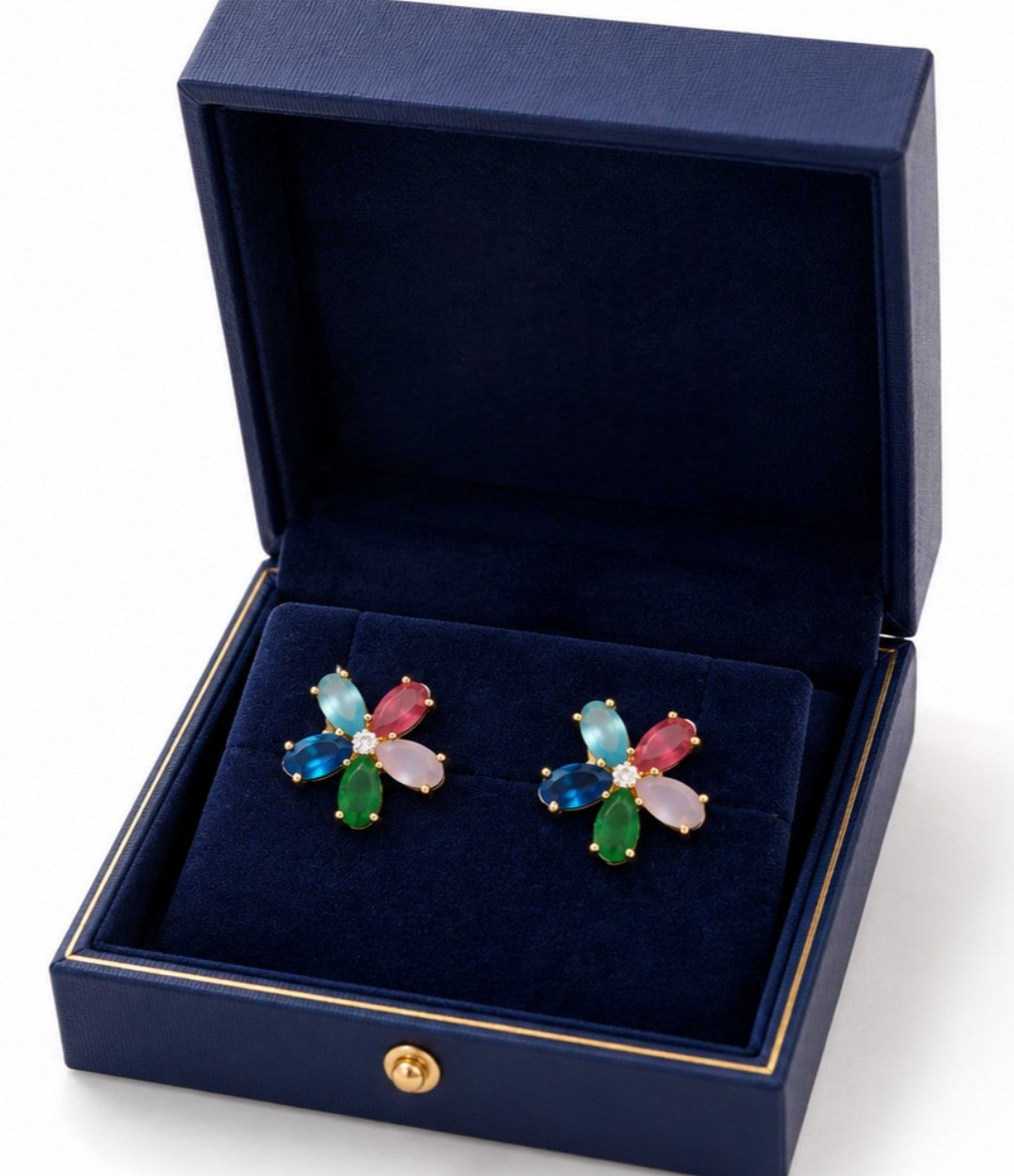 ALOMIQ Gold Plated Multicolor Floral Stud Earrings for Women | Brass Crystal Flower Earrings