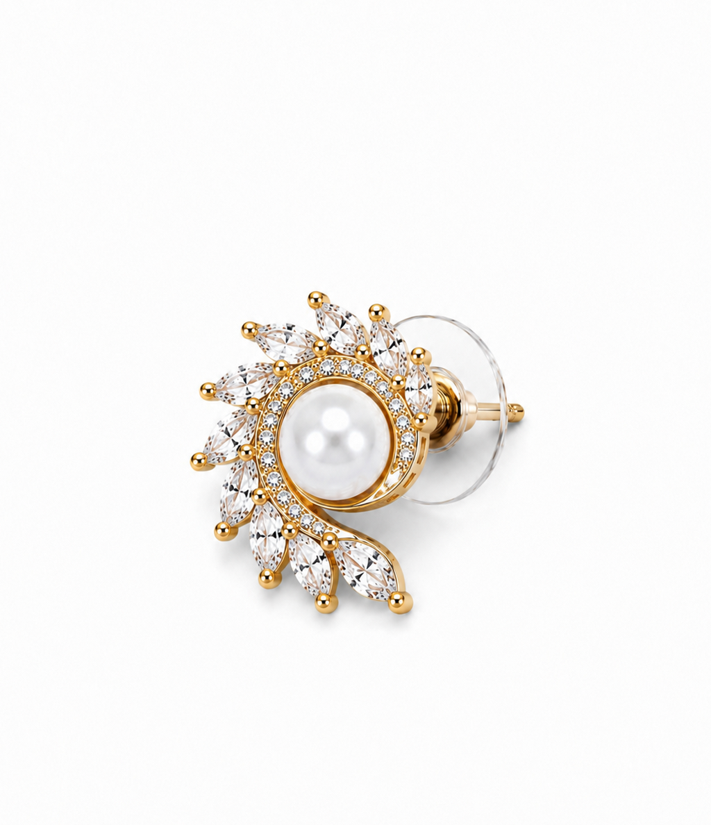 ALOMIQ Luxury Pearl Crystal Stud Earrings for Women | Gold Plated Designer Earrings