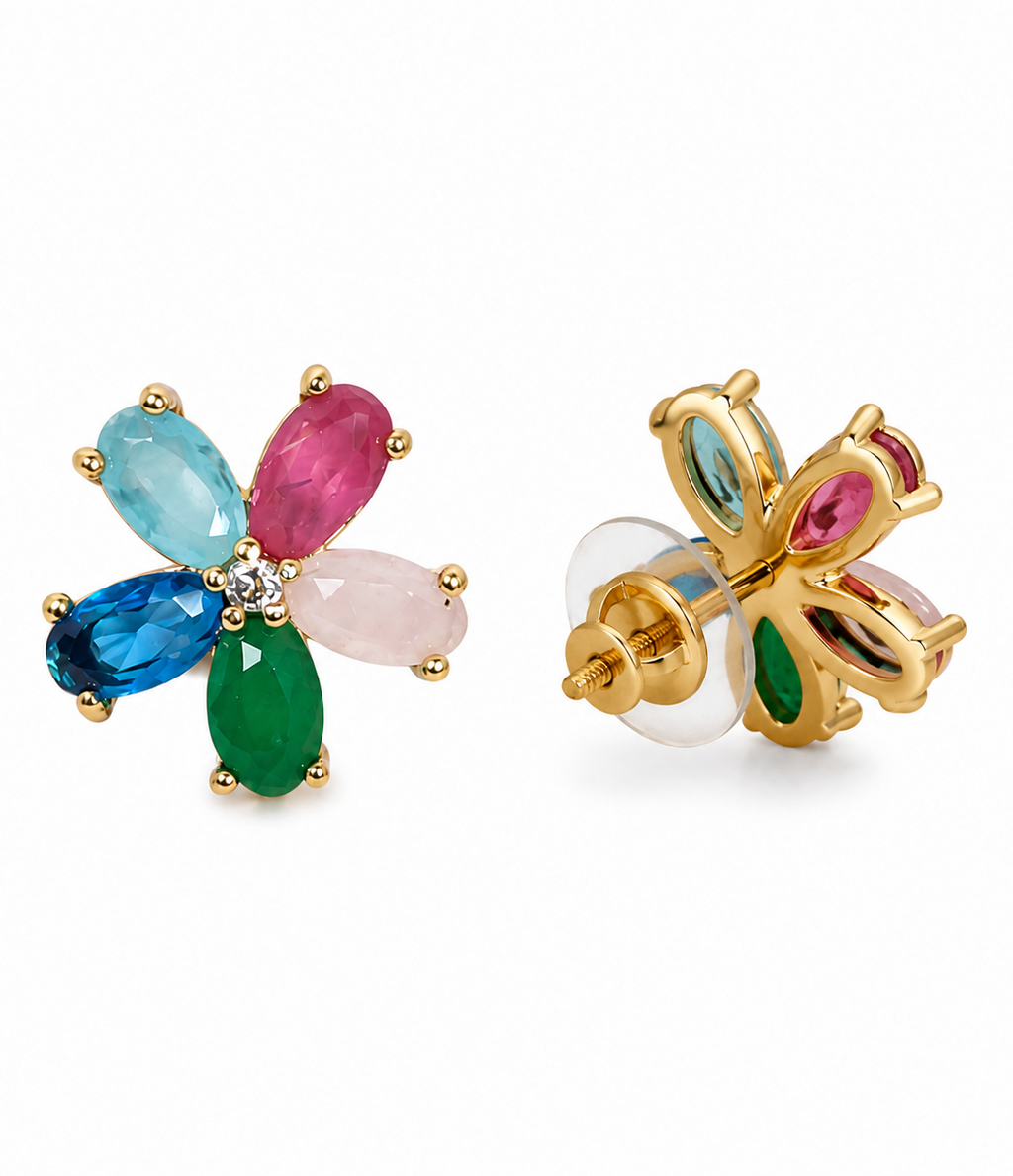 ALOMIQ Gold Plated Multicolor Floral Stud Earrings for Women | Brass Crystal Flower Earrings