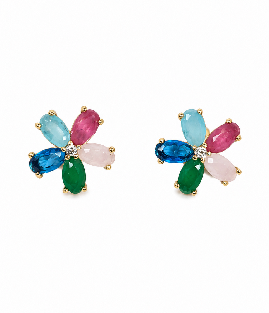 ALOMIQ Gold Plated Multicolor Floral Stud Earrings for Women | Brass Crystal Flower Earrings