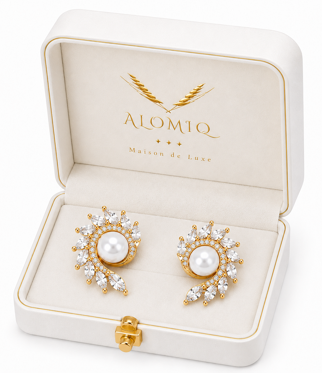 ALOMIQ Luxury Pearl Crystal Stud Earrings for Women | Gold Plated Designer Earrings