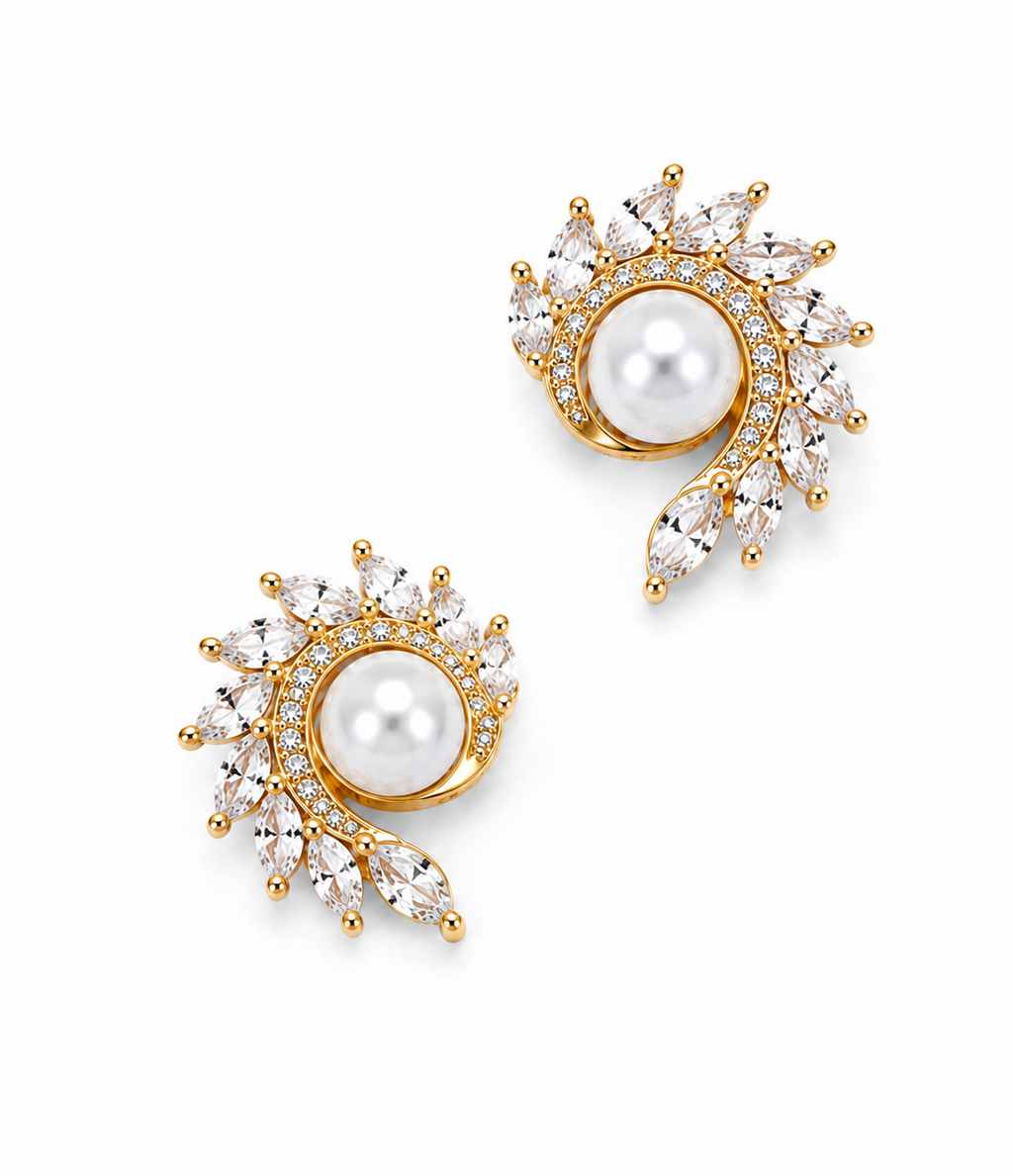 ALOMIQ Luxury Pearl Crystal Stud Earrings for Women | Gold Plated Designer Earrings