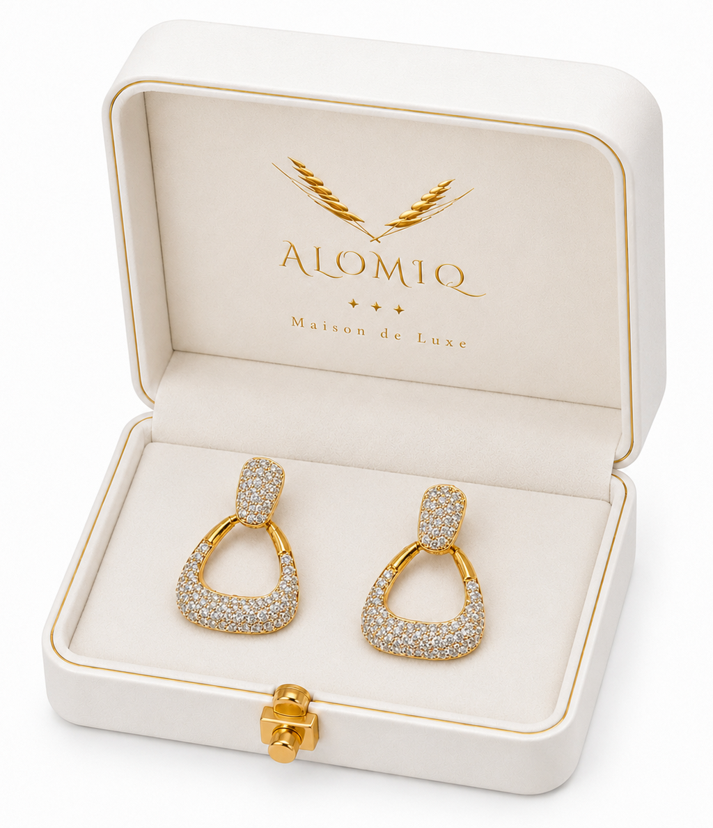 ALOMIQ Luxury Crystal Geometric Stud Earrings for Women | Gold Plated Designer Earrings