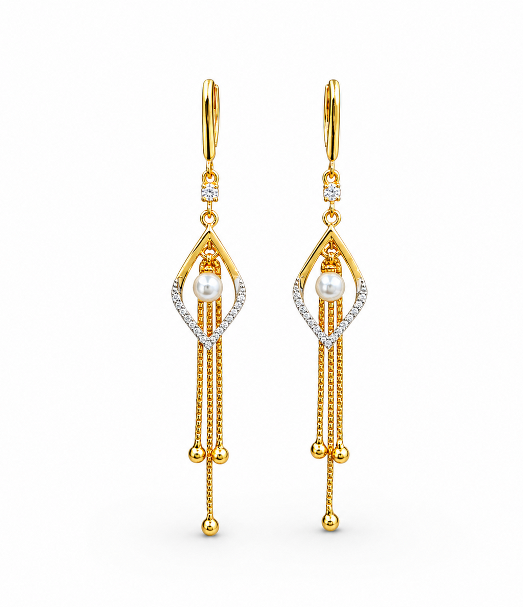 Royal Pearl Tassel Earrings – Elegant Gold Plated Long Drop Earrings