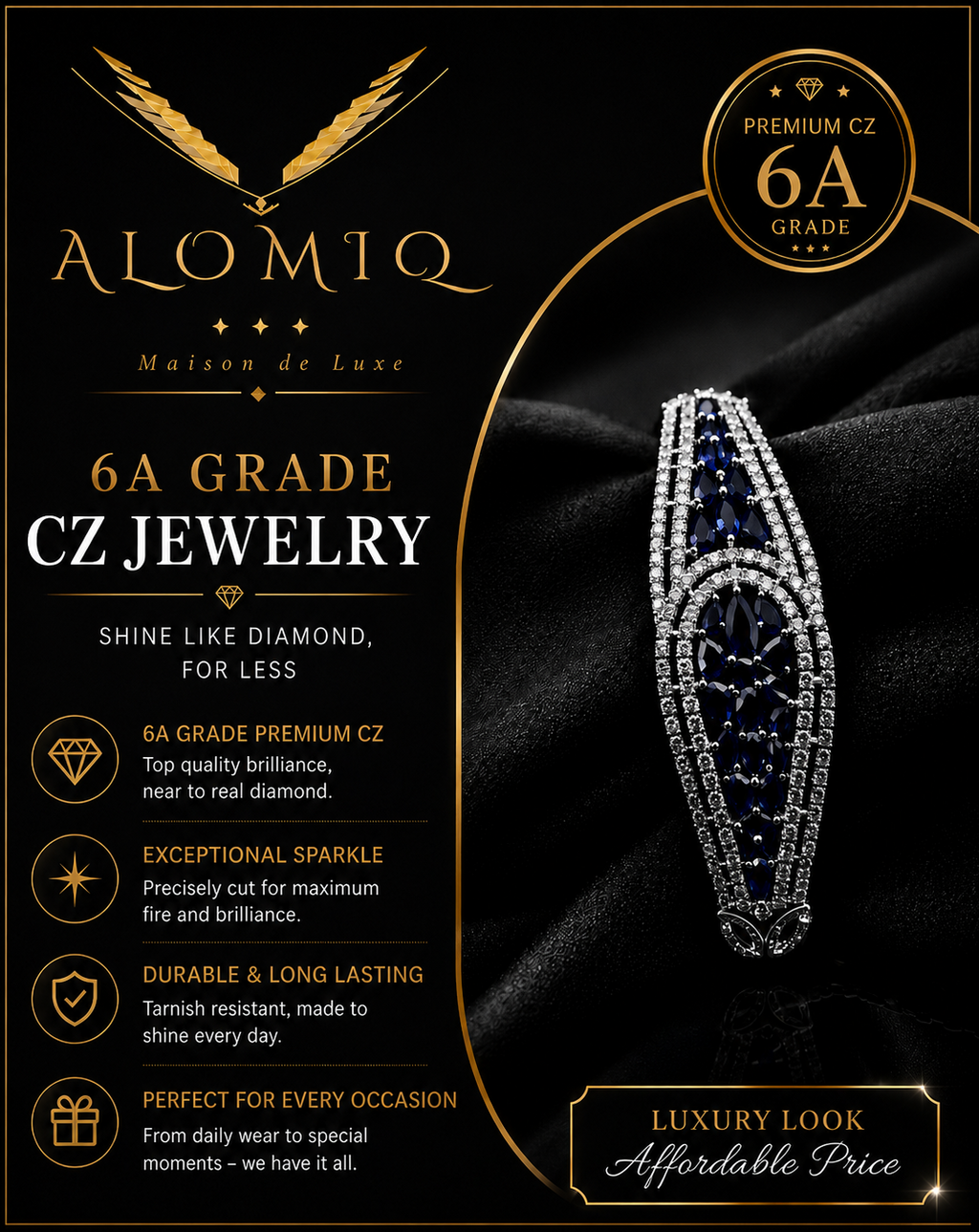 ALOMIQ Royal Sapphire Marquise CZ Bracelet – Silver Plated Luxury Statement Bracelet for Women
