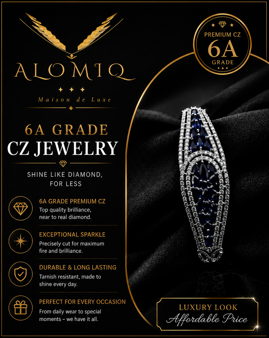 ALOMIQ Royal Sapphire Marquise CZ Bracelet – Silver Plated Luxury Statement Bracelet for Women